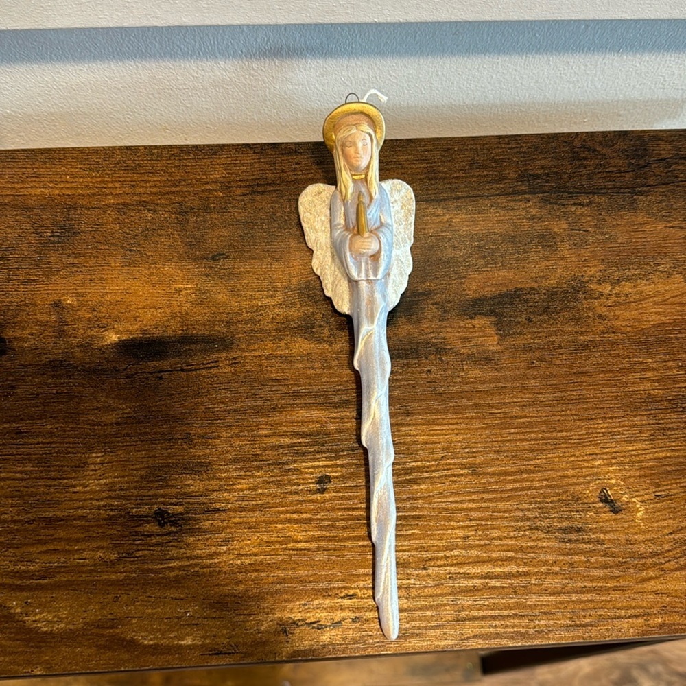 Ceramic Icicle Angel Praying Wings Christmas Holiday Hanging Ornament Hand Paint